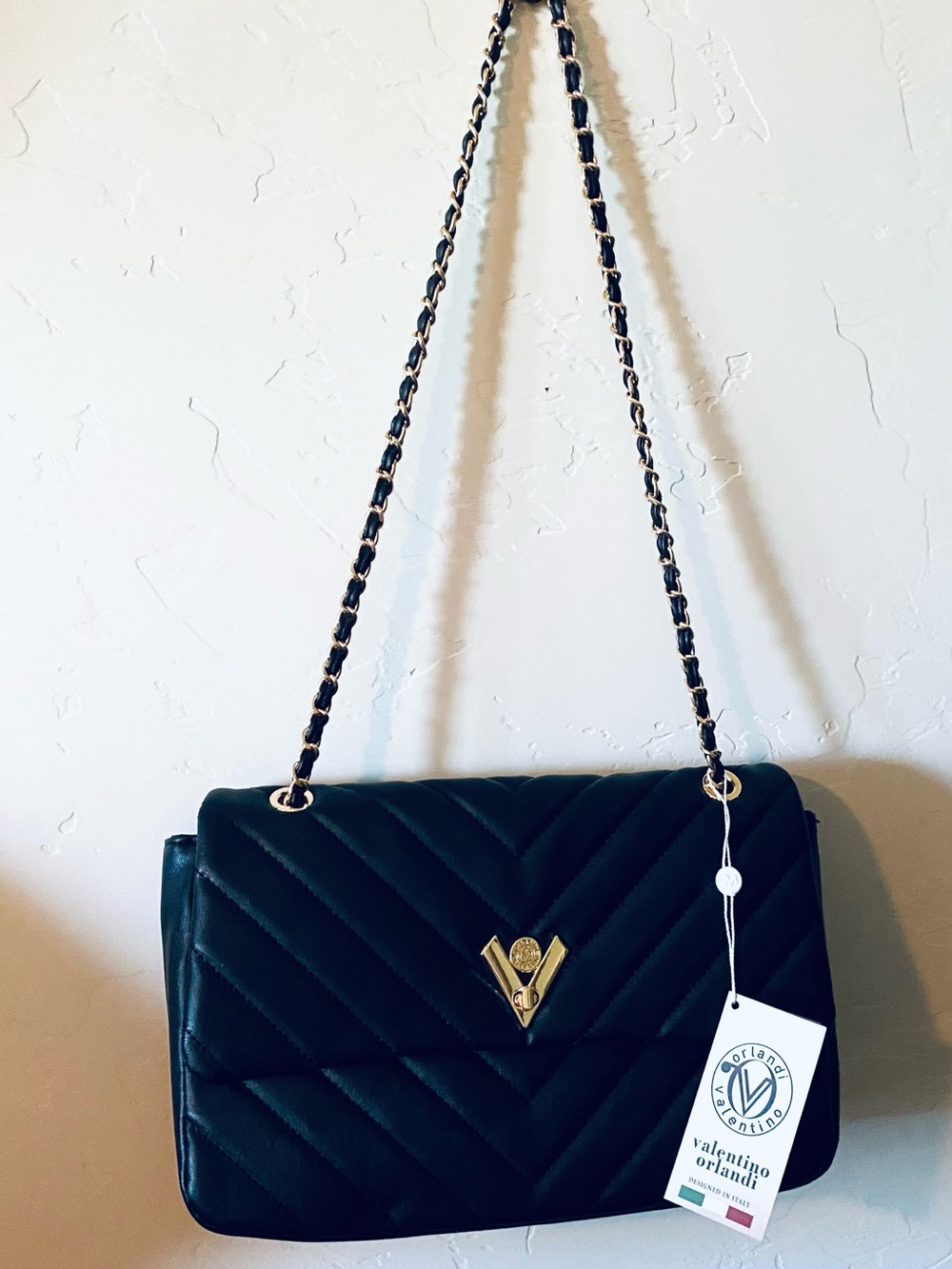 ⚡️NWT Valentino Orlandi Black Quilted Shoulder Bag with Gold V Emblem